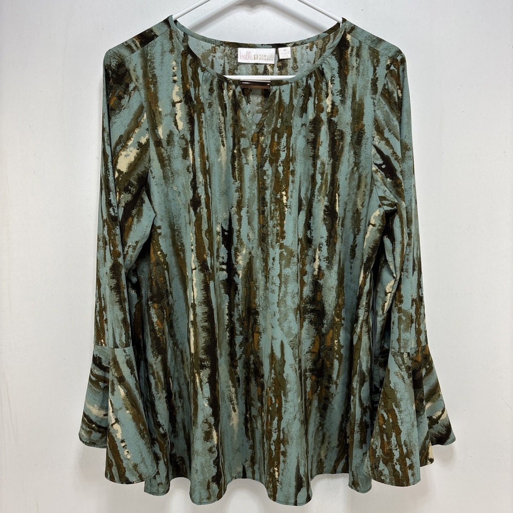 Belle‎ By Kim Gravel Womens Blue Brown Boho Abstract Bell Sleeve Top Size M